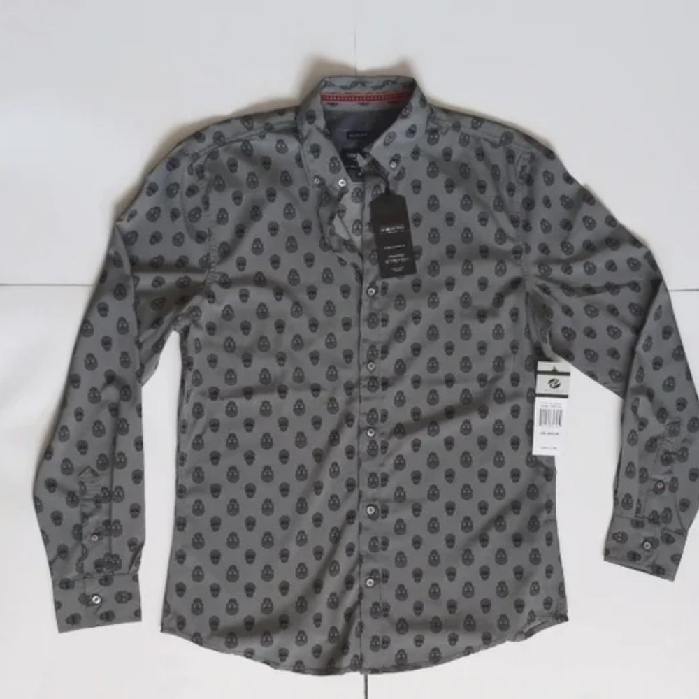Geometrix NY Slim Fit Men's Button Up Shirt- Charcoal W/Skulls